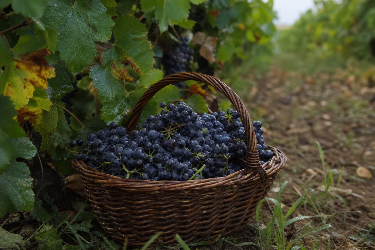 Hand-harvesting grapes in a Loire vineyard